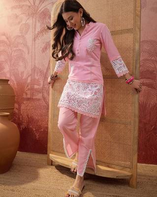 Pink cotton embroidered readymade suit set 3