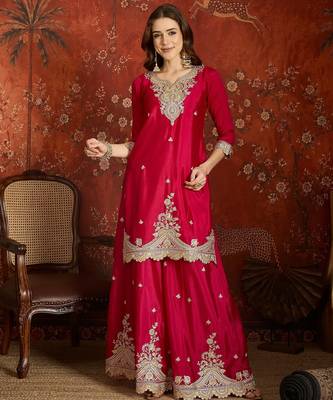 Fuchsia pink silk blend embroidered readymade suit set 1