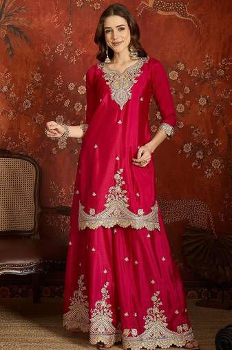 Fuchsia pink silk blend embroidered readymade suit set