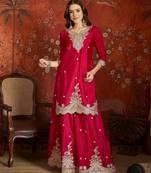 Fuchsia pink silk blend embroidered readymade suit set