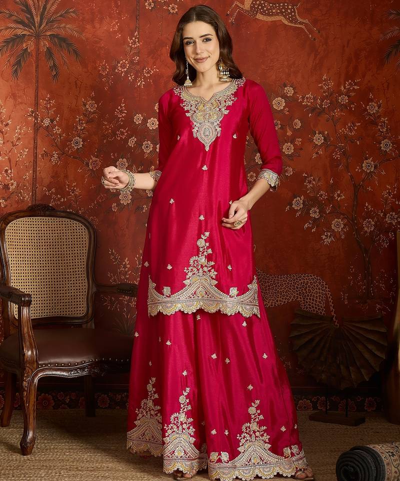 Fuchsia pink silk blend embroidered readymade suit set