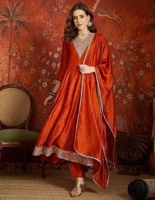 Rust silk blend embroidered readymade suit set 3