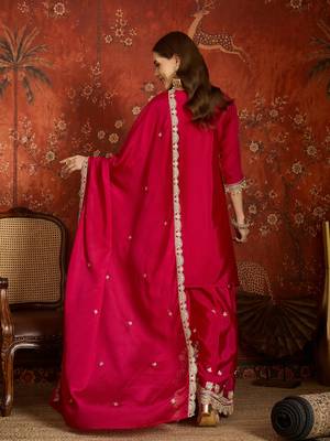 Fuchsia pink silk blend embroidered readymade suit set 2