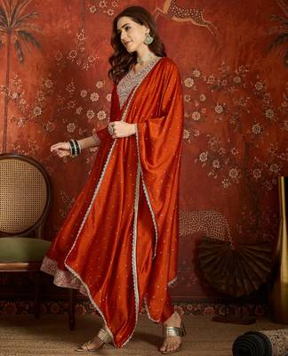 Rust silk blend embroidered readymade suit set 4