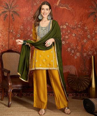 Mustard silk blend embroidered readymade suit set 1