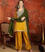 Mustard silk blend embroidered readymade suit set