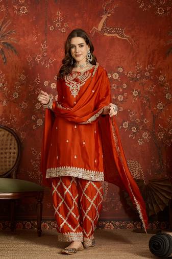 Rust silk blend embroidered readymade suit set