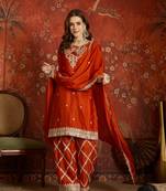 Rust silk blend embroidered readymade suit set