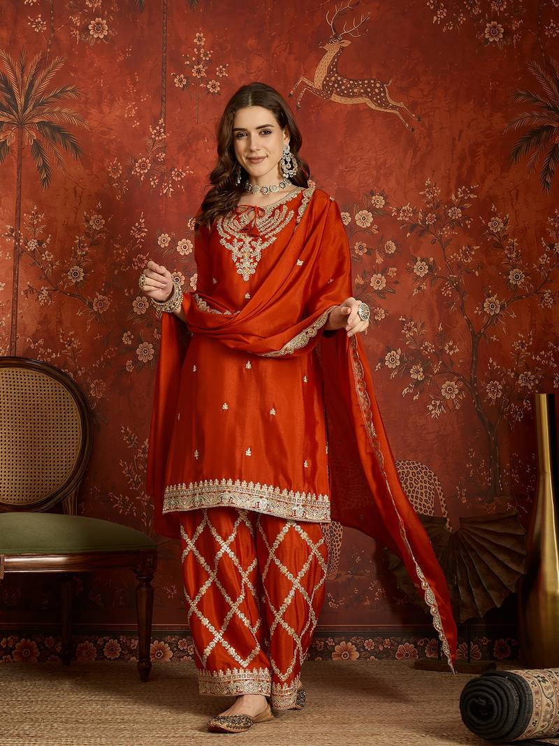 Rust silk blend embroidered readymade suit set