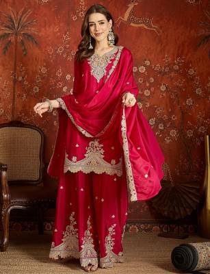 Fuchsia pink silk blend embroidered readymade suit set 3