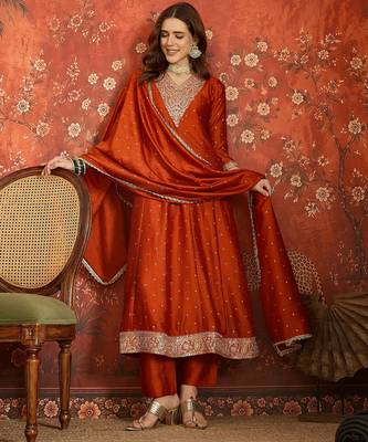 Rust silk blend embroidered readymade suit set 5