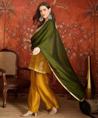 Mustard silk blend embroidered readymade suit set 2