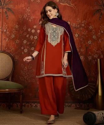 Rust silk blend embroidered readymade suit set 1