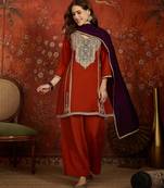 Rust silk blend embroidered readymade suit set