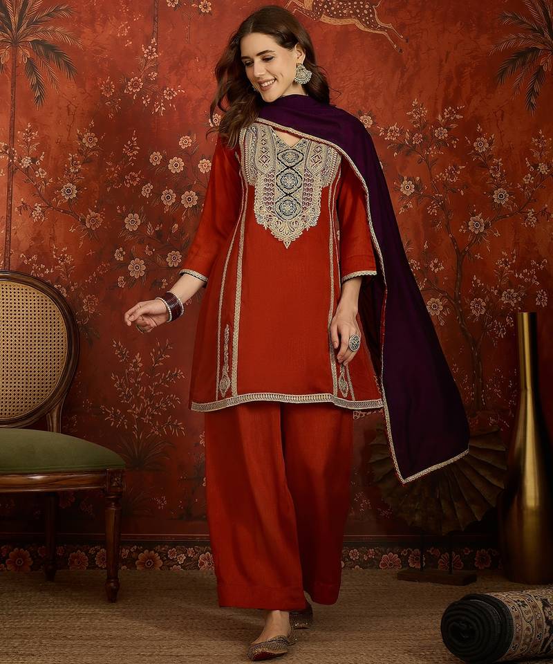 Rust silk blend embroidered readymade suit set