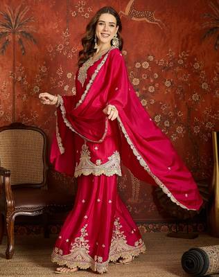 Fuchsia pink silk blend embroidered readymade suit set 4