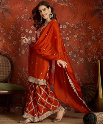 Rust silk blend embroidered readymade suit set 2