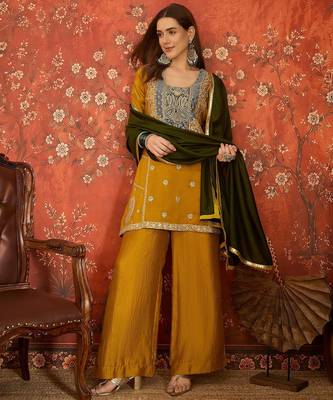 Mustard silk blend embroidered readymade suit set 3