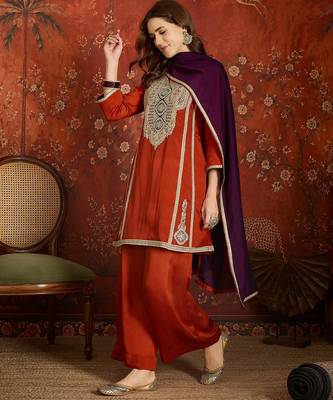 Rust silk blend embroidered readymade suit set 2