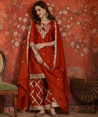 Rust silk blend embroidered readymade suit set 3