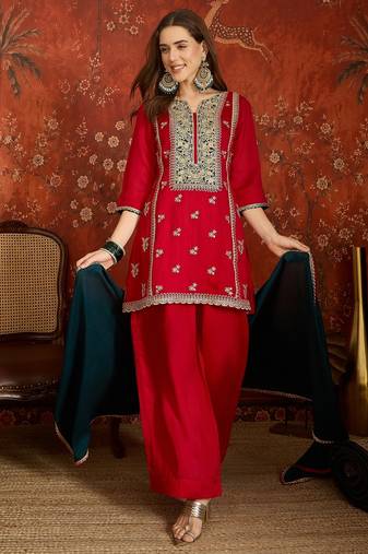 Fuchsia silk blend embroidered readymade suit set