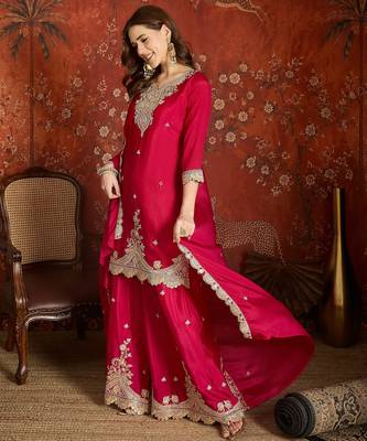 Fuchsia pink silk blend embroidered readymade suit set 5
