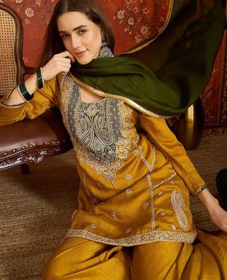 Mustard silk blend embroidered readymade suit set 4