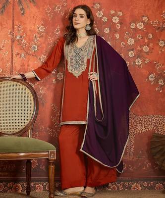 Rust silk blend embroidered readymade suit set 3