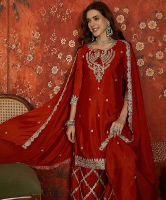 Rust silk blend embroidered readymade suit set 4