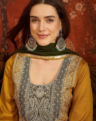 Mustard silk blend embroidered readymade suit set 5