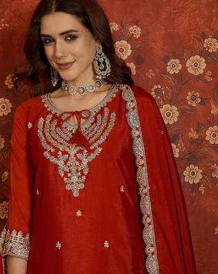 Rust silk blend embroidered readymade suit set 5