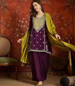 Purple silk blend embroidered readymade suit set