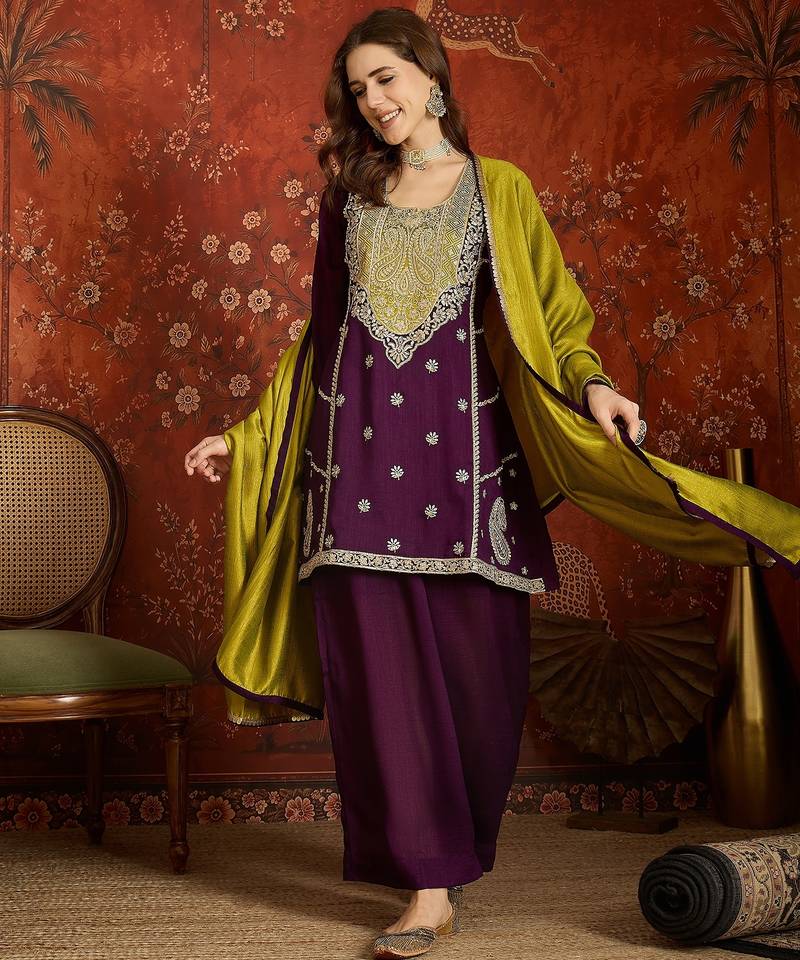 Purple silk blend embroidered readymade suit set