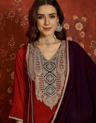 Rust silk blend embroidered readymade suit set 5