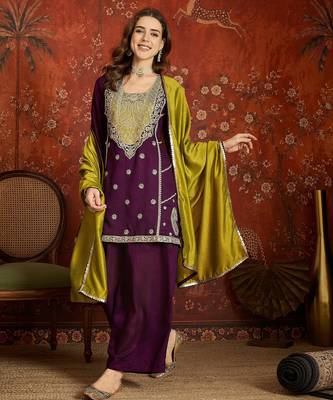 Purple silk blend embroidered readymade suit set 2