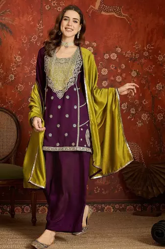 Purple silk blend embroidered readymade suit set