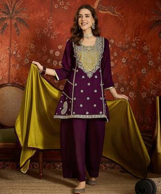 Purple silk blend embroidered readymade suit set 3