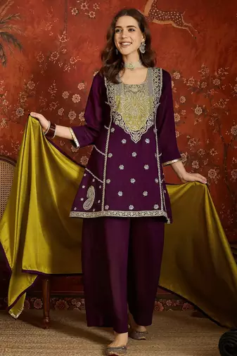 Purple silk blend embroidered readymade suit set