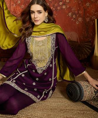 Purple silk blend embroidered readymade suit set 4