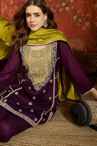 Purple silk blend embroidered readymade suit set