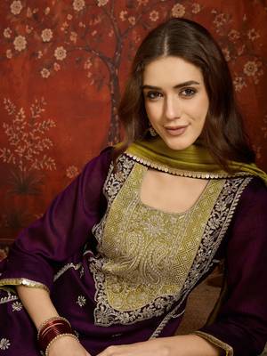 Purple silk blend embroidered readymade suit set 5