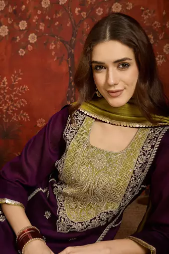 Purple silk blend embroidered readymade suit set
