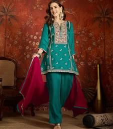 Blue silk blend embroidered readymade suit set