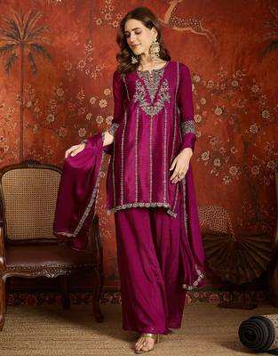 Purple silk blend embroidered readymade suit set 1