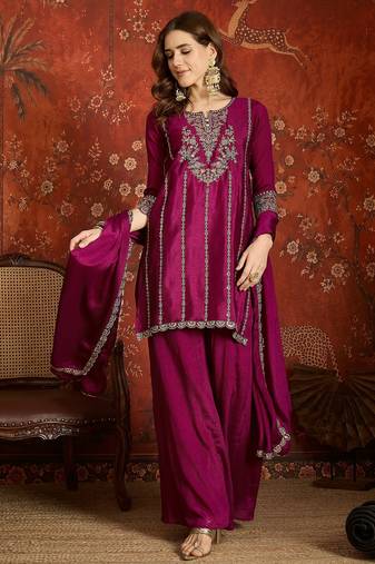 Purple silk blend embroidered readymade suit set