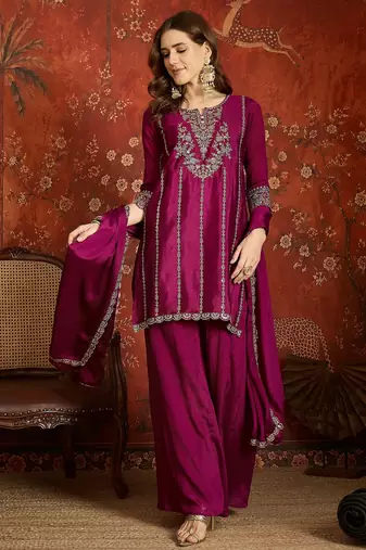 Purple silk blend embroidered readymade suit set