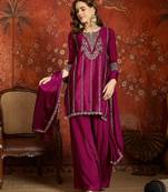 Purple silk blend embroidered readymade suit set