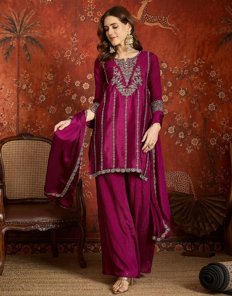 Purple silk blend embroidered readymade suit set
