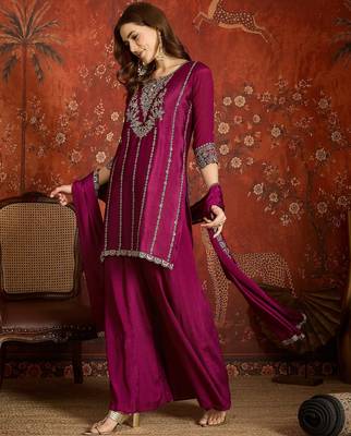 Purple silk blend embroidered readymade suit set 2