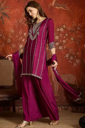 Purple silk blend embroidered readymade suit set